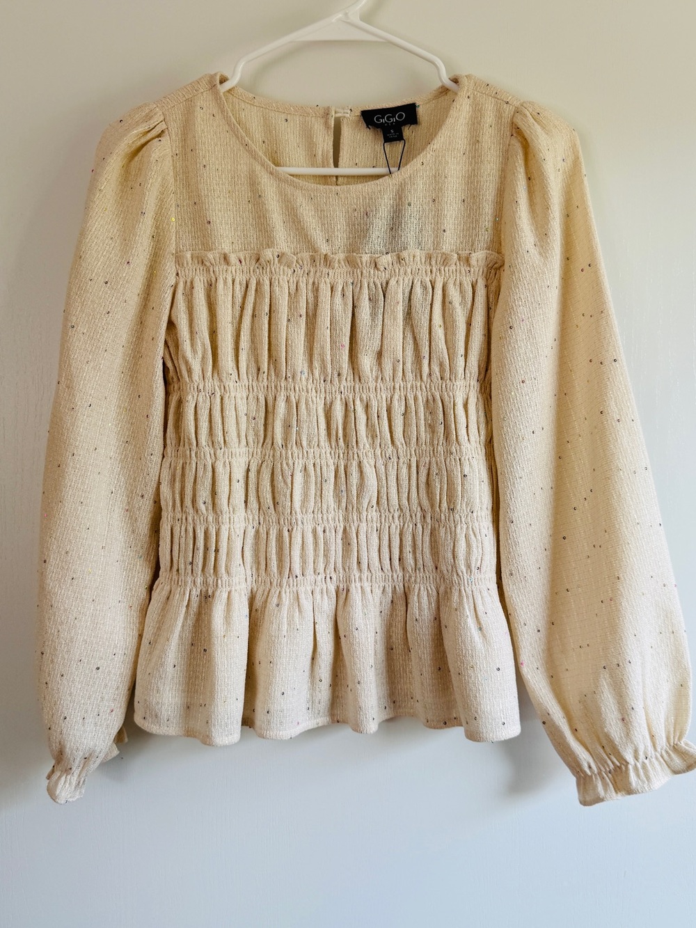 Gigio Oatmeal Gold Metallic Sequin Cream Woven Smocked Peplum Blouse Puff Sleeve